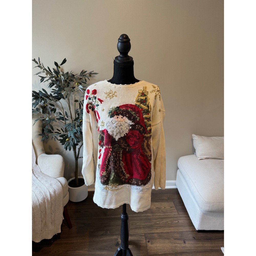 Tiara International Christmas Sweater Santa Claus Embroidered Cream Medium